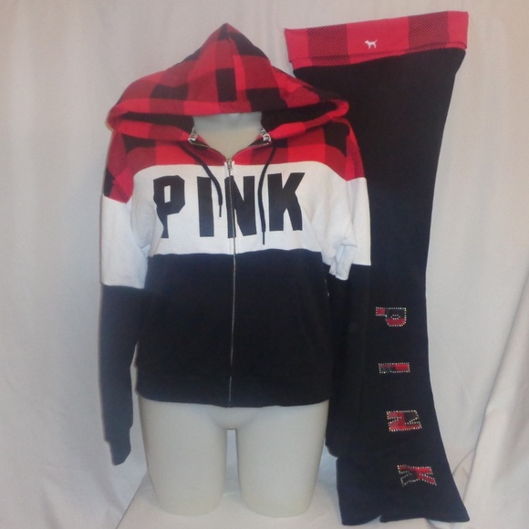 PINK Victoria's Secret Tops - VS Pink L Hoodie Yoga Pants/Set Plaid Sherpa Flare